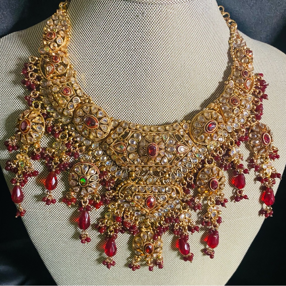 Complete 7-Pc Kundan Bridal Jewelry Set - Ruby Red & Gold